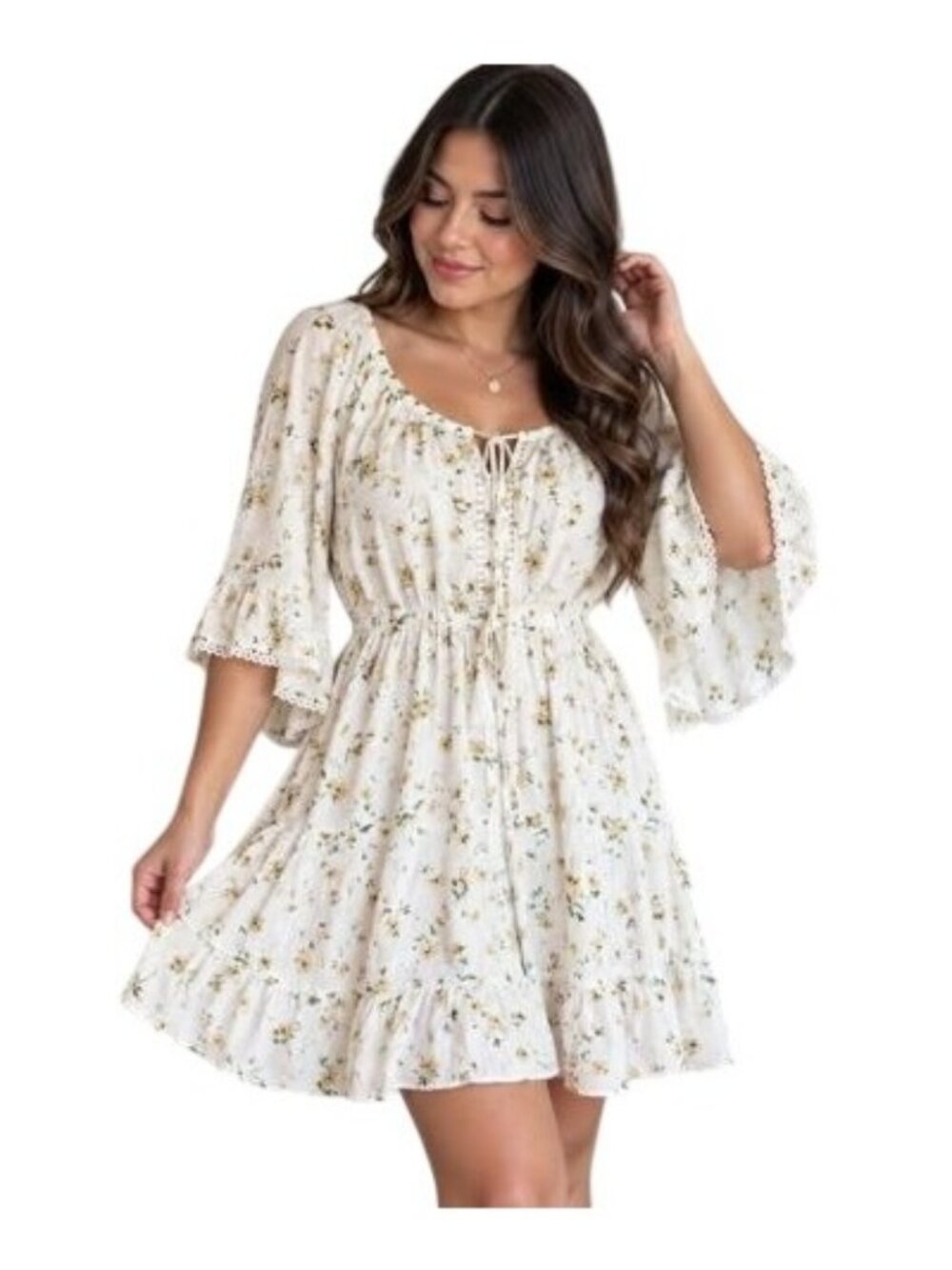 Floral Boho Midi Dress With Bell Sleeves By City Chic Size M White & Yellow